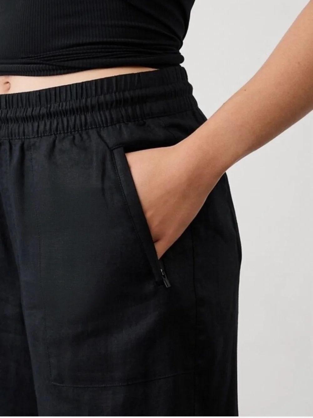 Athleta Retreat  Black Wide Leg Linen Drawstring Pants  Size Large